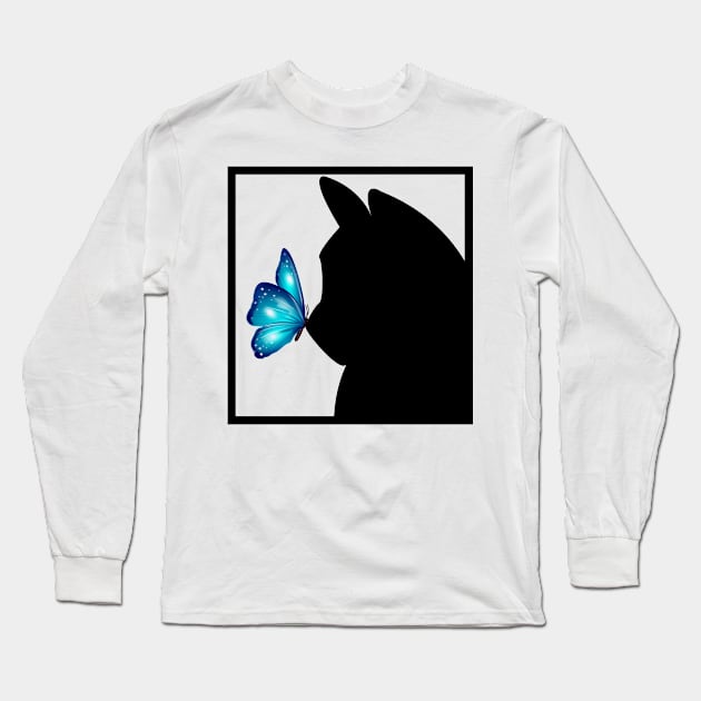 Blue Butterfly sitting on nose of Black Cat Long Sleeve T-Shirt by Blue Butterfly Designs 